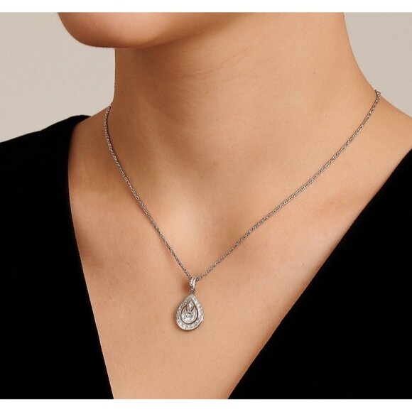 Nadri Teardrop Halo Pendant Necklace CZ Silver Tone Luxury Glam Elegant w/ Box - Picture 1 of 9